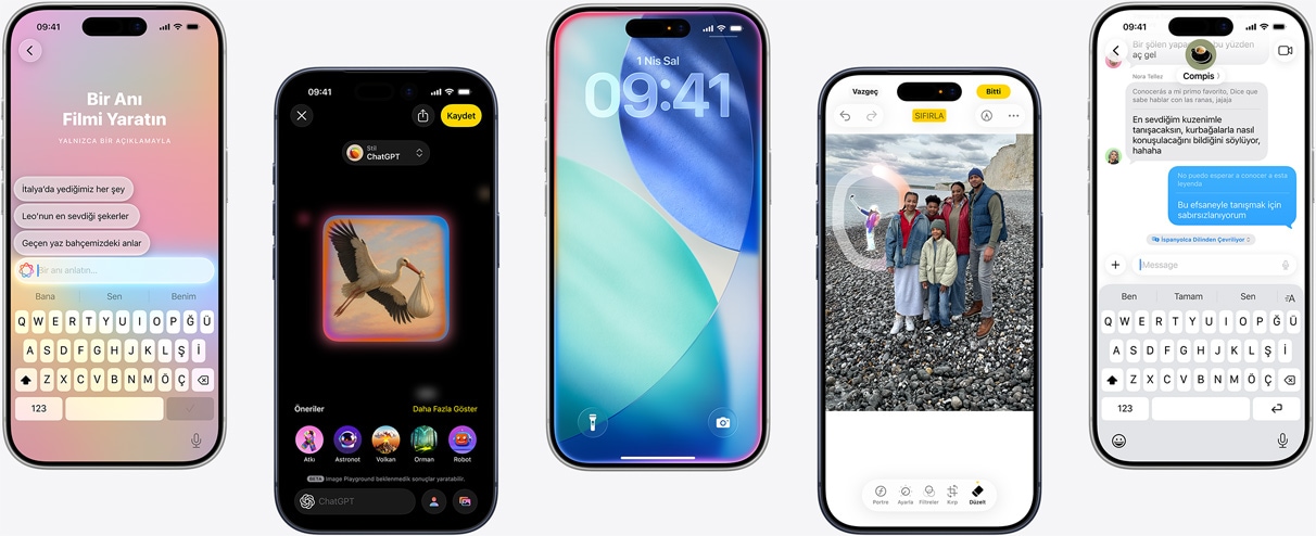 Şu Apple Intelligence özelliklerinin gösterildiği beş iPhone aygıtı: Anı Filmi yaratma, Image Playground’da tasarım oluşturma, çerçevenin iç kısmı parlayan iOS Kilit Ekranı, telefon görüşmesi sırasında canlı çeviri ve Mesajlar’da gerçek zamanlı çeviri.