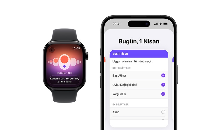 Siyah Spor Kordonlu Apple Watch Series 10’un önden görünümü, Kullanıcı Arayüzünde Döngü İzleme, Âdet, Belirti Günlüğü seçenekleri görülüyor; yanında duran ve önden görünen iPhone 16’nın Kullanıcı Arayüzünde de Döngü İzleme, Belirti Günlüğü, Âdet seçenekleri görülüyor