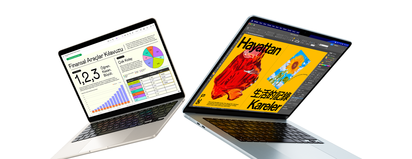Birinin ekranında Numbers uygulaması, diğerinin ekranında tasarım çalışmaları bulunan 13 inç ve 15 inç MacBook Air laptopların havada süzülen animasyonu