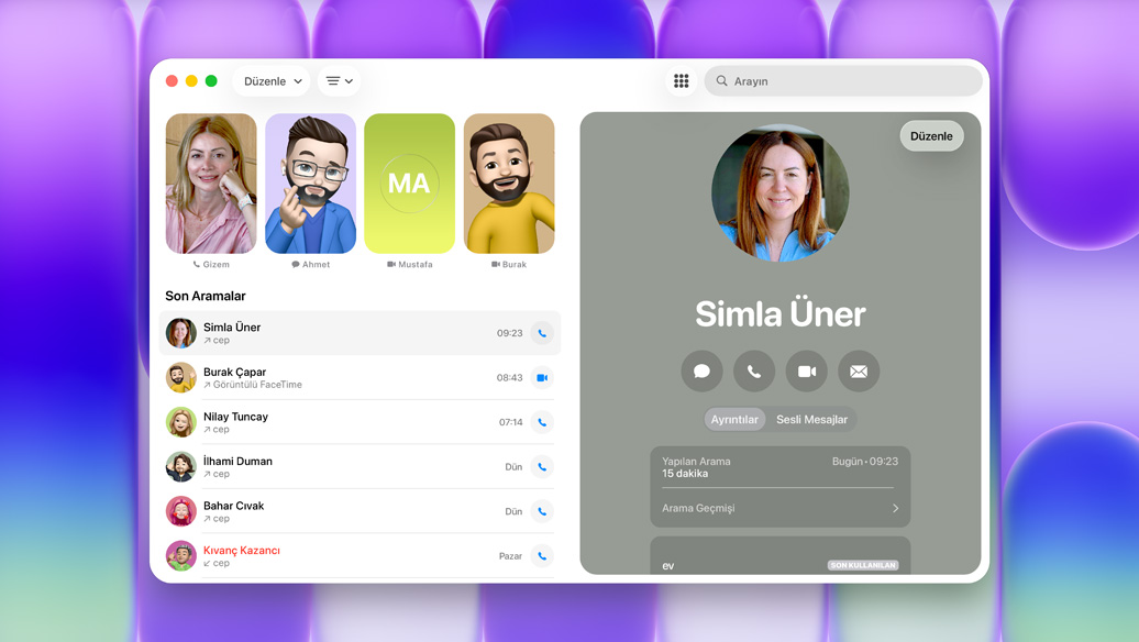 MacBook Neo’nun ekranında çeşitli kişiler ve son aramalar listesinin gösterildiği Telefon uygulaması yer alıyor, vurgulanan bir aramada ilgili kişi hakkındaki bilgiler gösteriliyor