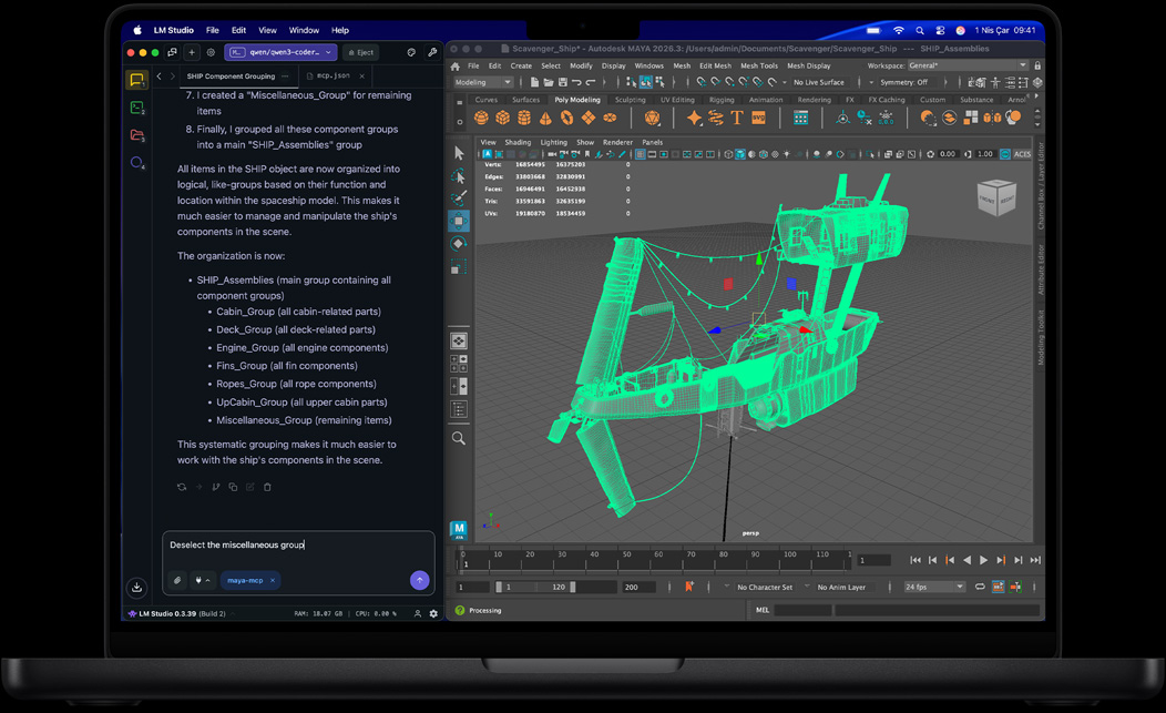 LM Studio ve Autodesk Maya’nın gösterildiği MacBook Pro ekranı