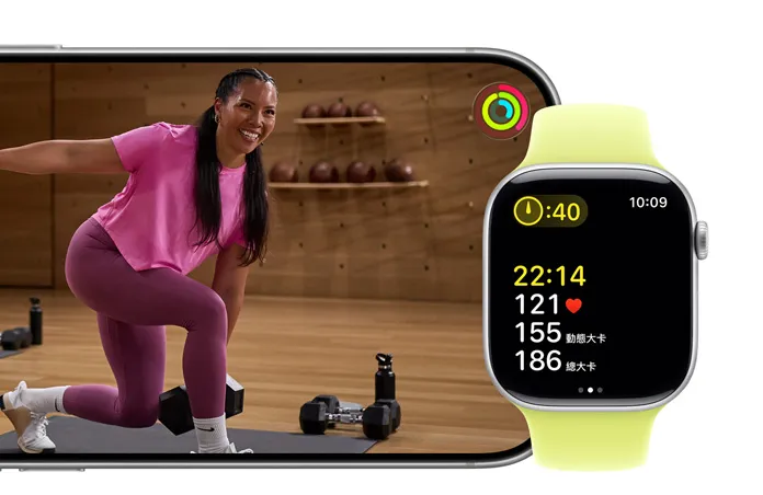 iPhone 播放 Fitness Plus 體能訓練影片時，Apple Watch Series 11 追蹤體能訓練
