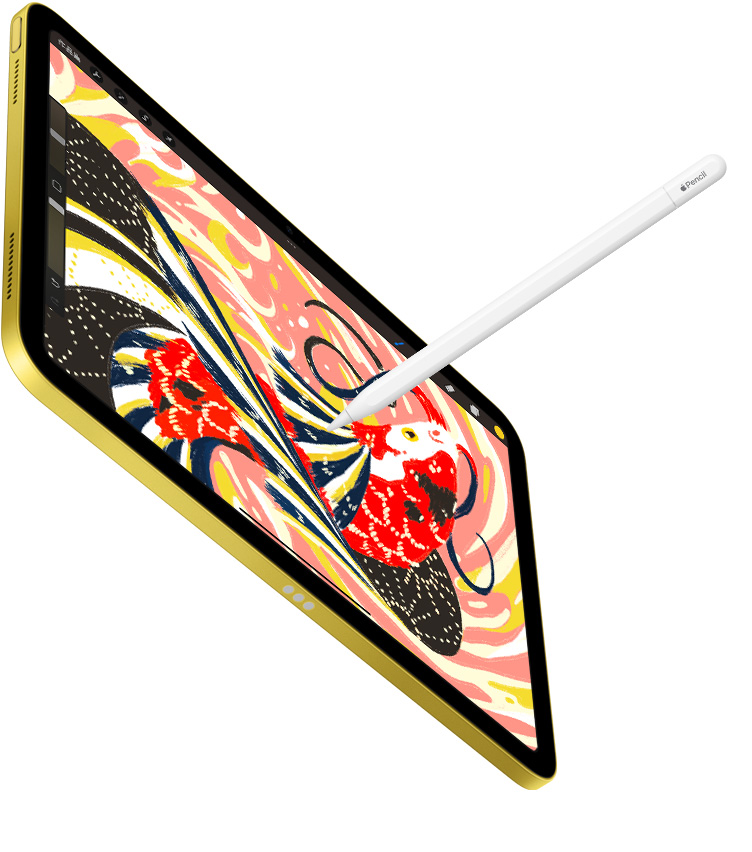 iPad 展示在 Procreate app 中一幅色彩鮮艷的魚插圖，而 Apple Pencil 正在 iPad 上畫畫