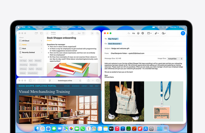 MacBook Neo кольору «індиго», на екрані відображається лист-привітання для нового співробітника книгарні, в інших вікнах відображаються нотатки про адаптацію та вебсайт порталу для співробітників книгарні в Safari
