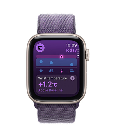 Apple Watch SE 3, aluminium case, starlight colour, Vitals app, health score chart, overnight vitals outliers notification, right side exterior, Digital Crown, Sport Loop, purple fog colour