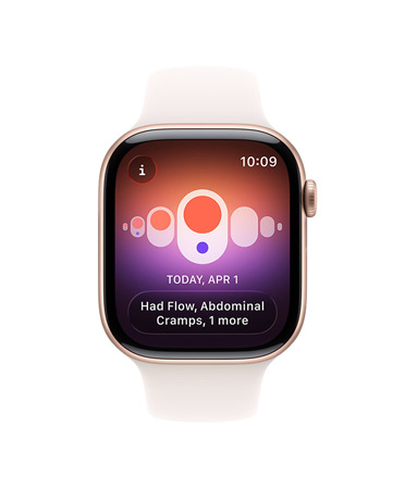 Apple Watch Series 11, aluminium case, rose gold colour, ovulation date estimated notification, right side exterior: Digital Crown, light blush Sport Band