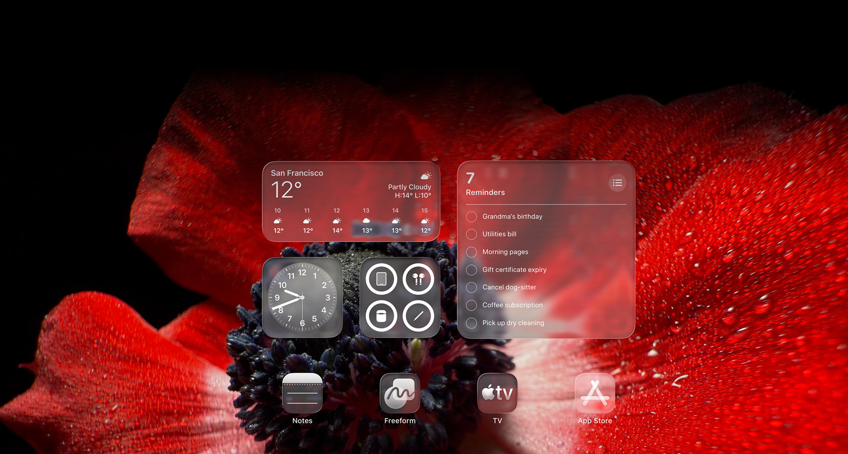 Lock Screen showing app icons for Weather, Reminders and Clock, all translucent Liquid Glass, refracting background