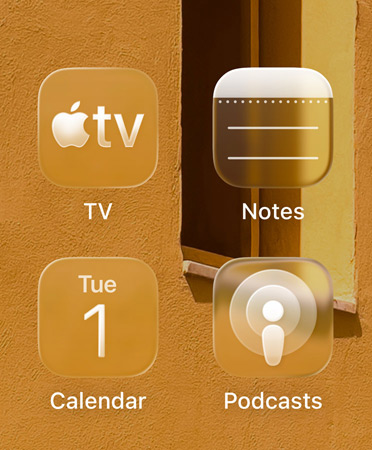 Close-up of the new tinted app icons, featuring the Apple TV app, Notes, Calendar and Podcasts