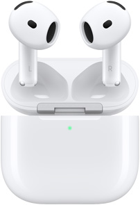AirPods&nbsp;4 kõrvaklapid hõljuvad avatud kaanega laadimiskarbi kohal.