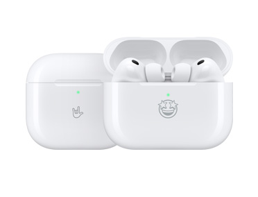 Produits Apple avec gravure personnalisée : Boîtier de charge MagSafe (USB-C), emoji cornes avec les doigts gravé à l’avant, Boîtier de charge MagSafe (USB-C), boîtier ouvert, AirPods Pro 3, emoji avec des yeux en forme d’étoiles gravé à l’avant