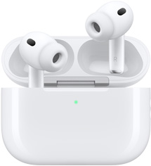 AirPods Pro 3とMagSafe充電ケース（USB-C）、丸みを帯びたケースの外観、LED電源インジケータ、ケースの蓋が開いている、カラーはホワイト、シリコーン製イヤーチップが付いたワイヤレスヘッドフォン、軸部分の内側にLとRの文字