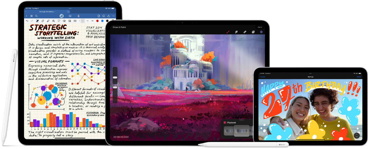 Three iPads, front facing, side by side. On left, iPad 10th generation, portrait orientation with Apple Pencil 1st generation. In middle, iPad Pro, landscape orientation, displaying a colorful drawing with Apple Pencil Pro attached to the top. On right, iPad mini, landscape orientation with Apple Pencil 2nd generation attached to the top. Apple Pencil USB-C is laid horizontally across the front iPad Pro and iPad mini.