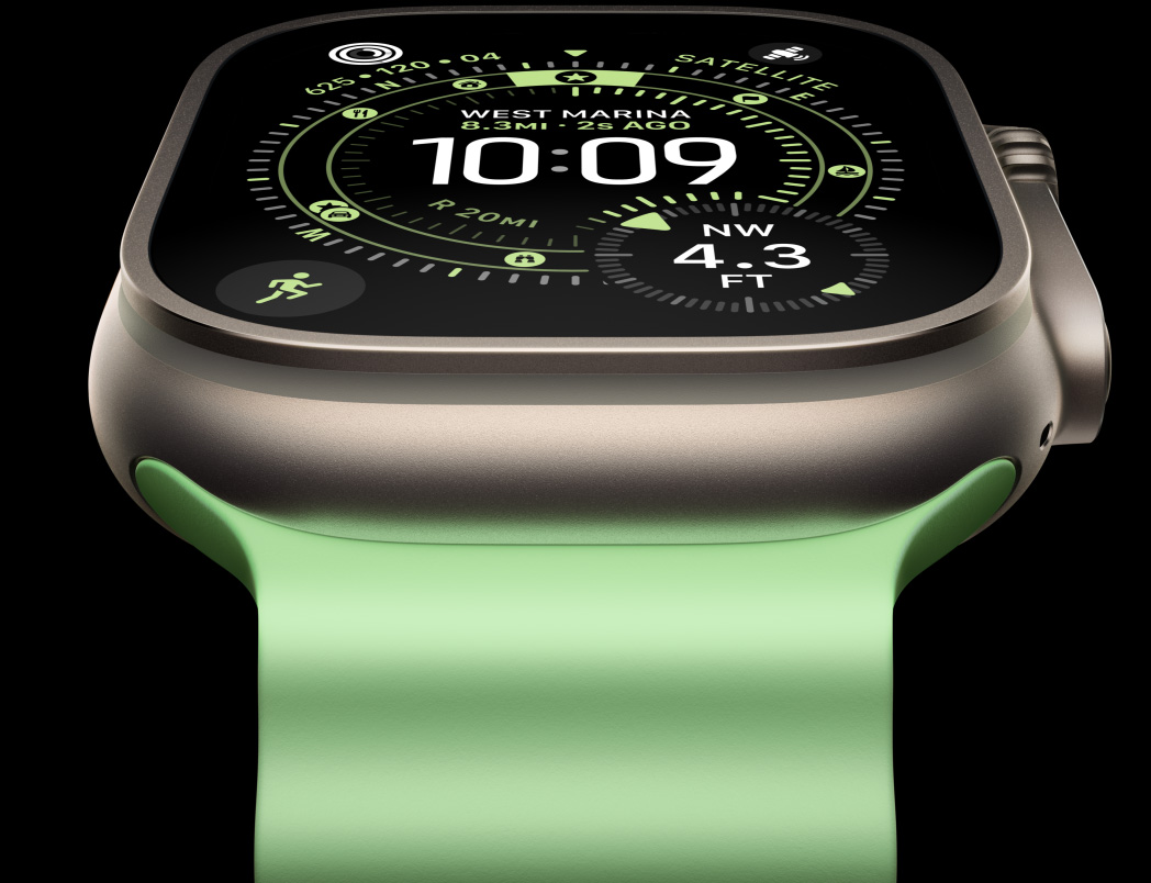 Apple Watch Ultra 3, titanium case, natural colour, compass on Orienteering watch face, Ocean Band, neon green colour