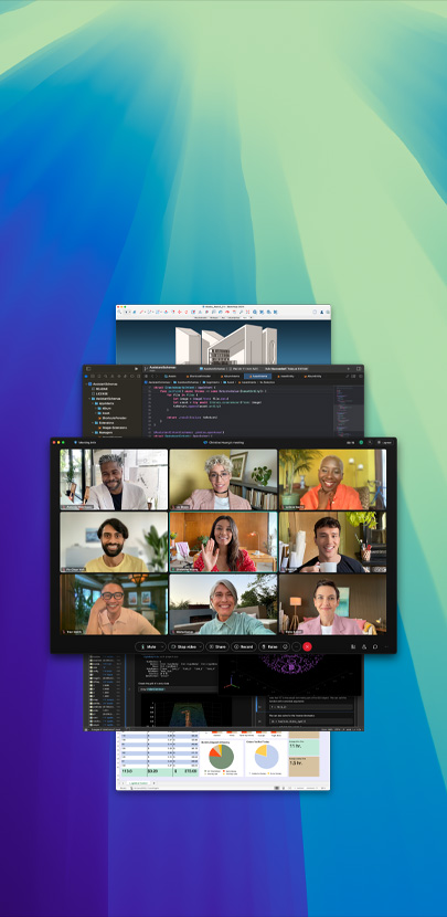 Forskellige åbne apps oven på hinanden. Appen i forgrunden viser et Zoom-opkald med flere deltagere.