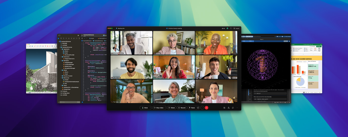 Multiple app screens displayed, including a virtual meeting held on Webex.