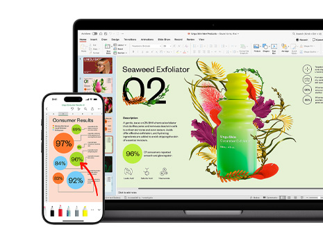 A Mac and an iPhone displaying different sections of a vibrant and colourful presentation focused on a skincare product.
