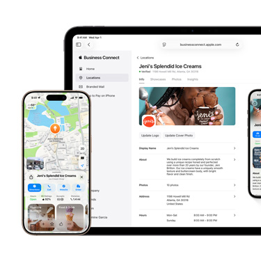 Un iPad mostrato di fronte con la piattaforma Apple Business Connect di un’azienda. Davanti all’iPad c’è un iPhone che mostra una schermata dell’app Mappe di Apple con le informazioni dell’azienda.