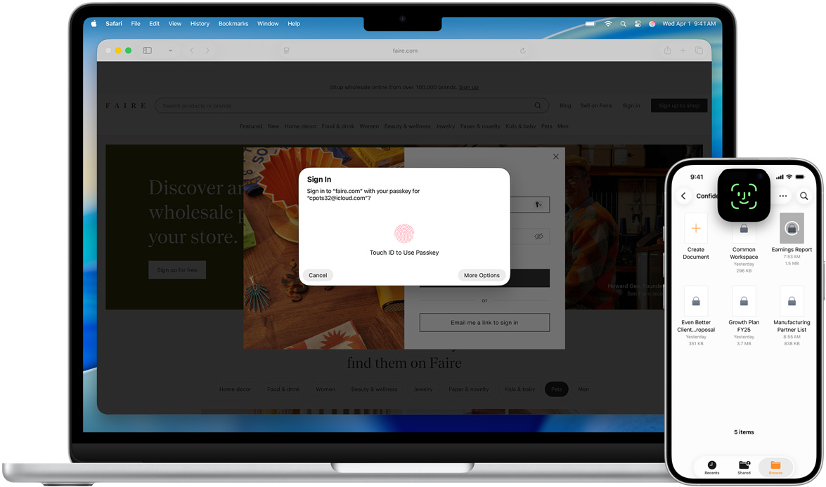 MacBook featuring Touch ID window, with macOS Tahoe wallpaper. In front of the MacBook is an iPhone featuring Face ID screen.