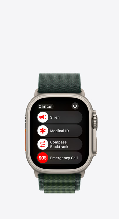 En Apple Watch med en lista med funktioner för nödsituationer: Siren, Medicinskt ID, Gå tillbaka med kompass och Nödanrop