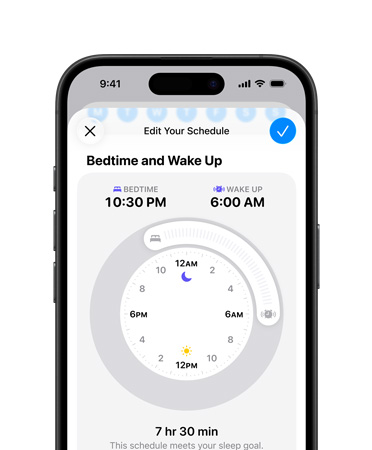 iPhone, Health app open to sleep schedule, bedtime set to 22:30, wake up set to 6:00, radial time dial in center screen, 7 hr 30 min sleep goal met