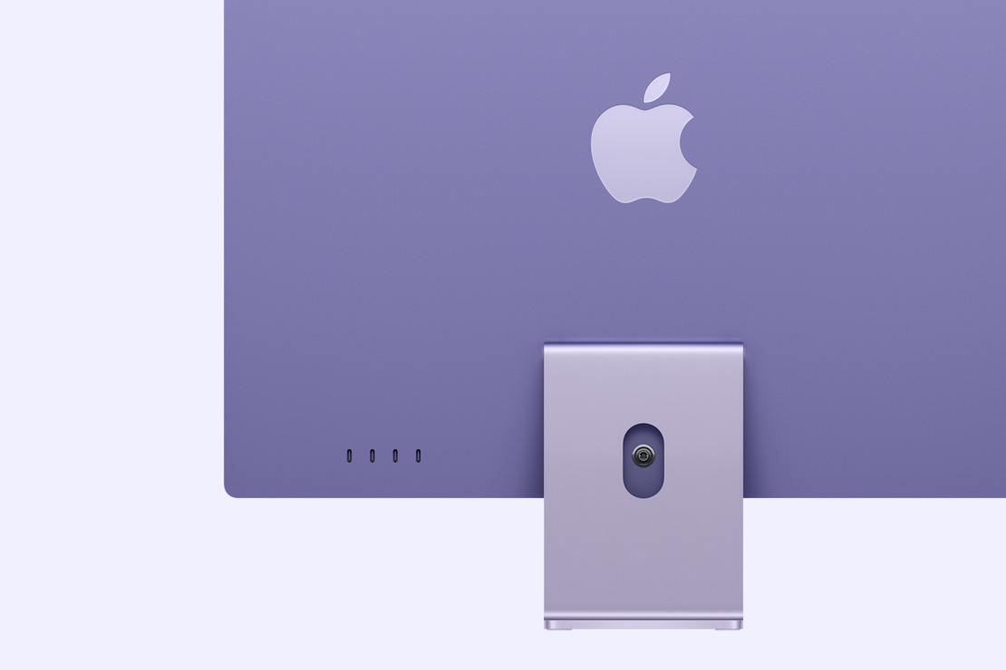 Vista posterior de un iMac morado, que destaca los cuatro puertos USB-C