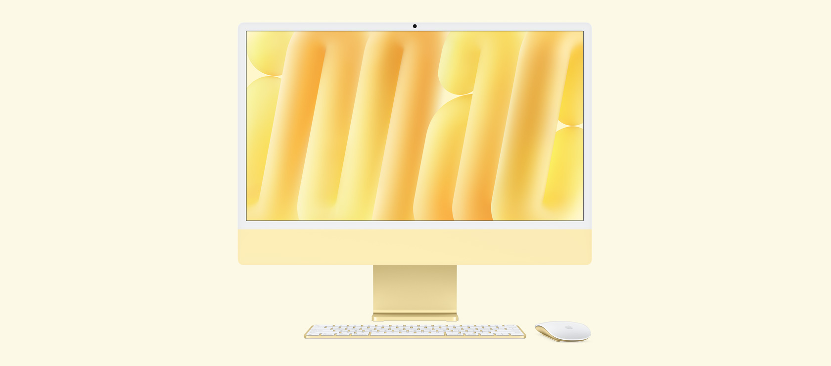 Vista frontal de un iMac amarillo con mouse y teclado a juego