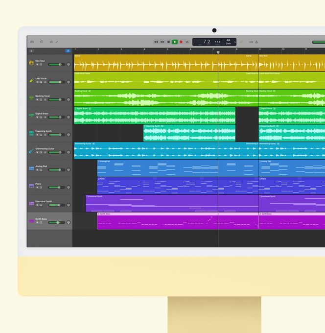 iMac amarillo. La pantalla muestra GarageBand