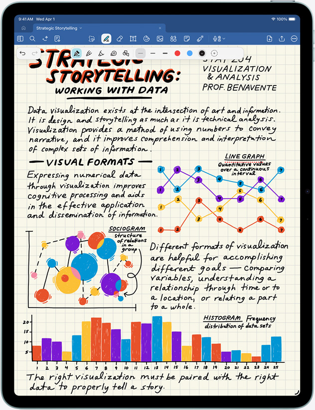 iPad Air en mode portrait, notes et images à l’écran
