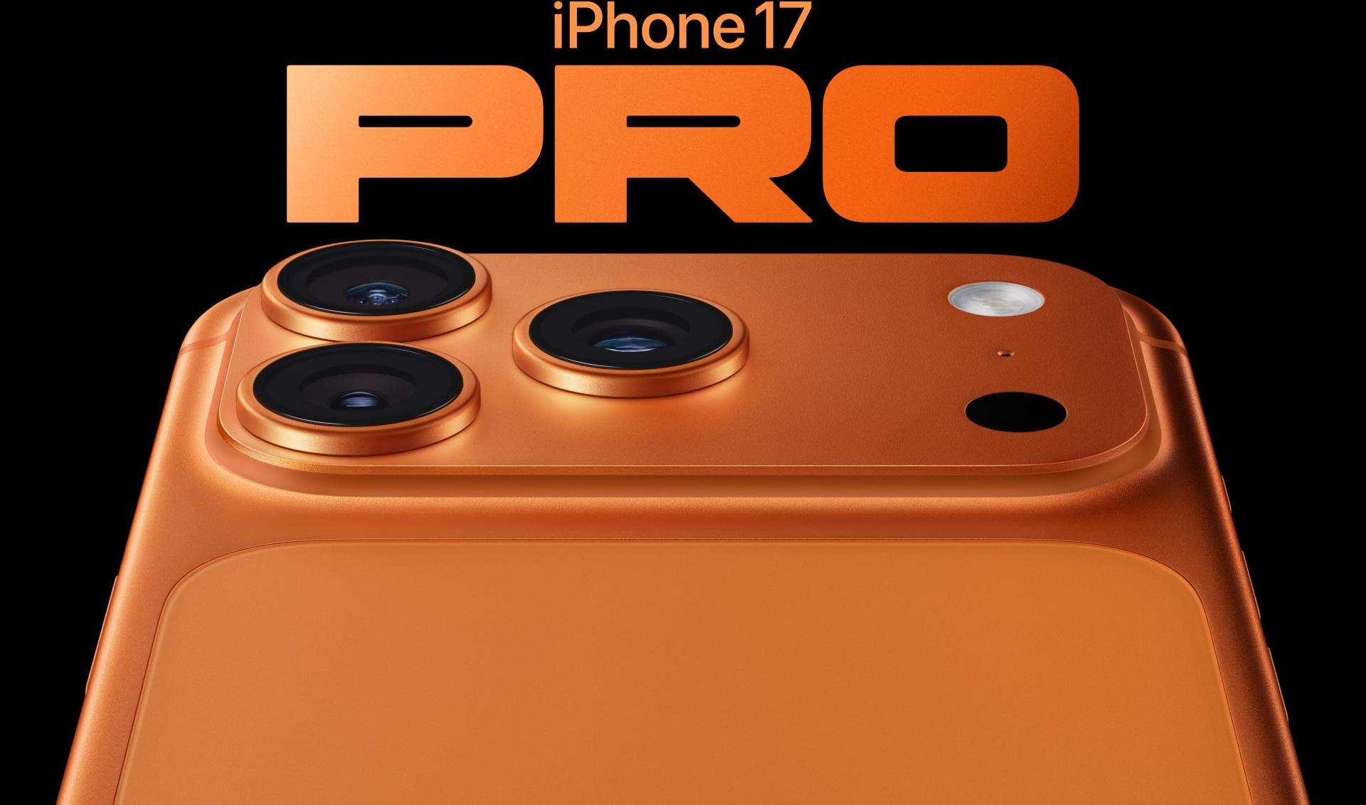 „iPhone 17 Pro“, kosminė oranžinė spalva, galinės pusės dalis, profesionali kamerų sistema viršutiniame kairiajame kampe, 3 objektyvai, mikrofonas, blykstė