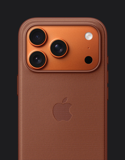 iPhone 17 Pro, back exterior, Cosmic Orange finish, with orange TechWoven Case with MagSafe