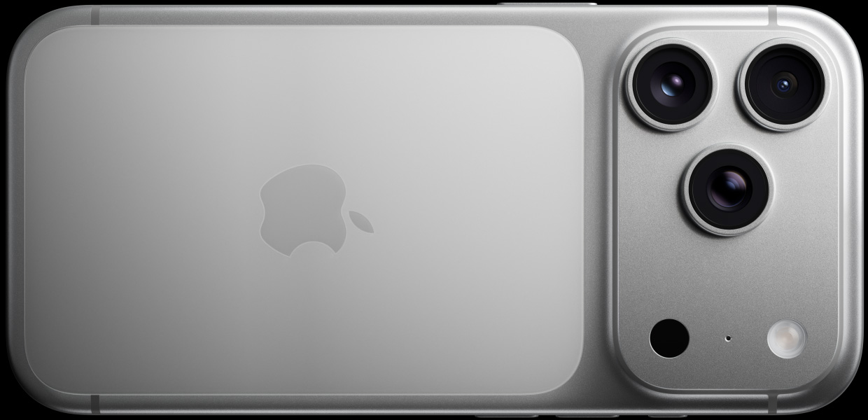 iPhone 17 Pro, silver colour, back exterior, Pro Fusion camera system, 3 lenses, microphone, flash