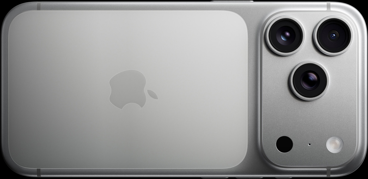 iPhone 17 Pro, silver colour, back exterior, Pro Fusion camera system, 3 lenses, microphone, flash