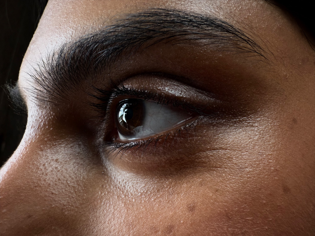 A woman in an empty room being photographed. The side of the woman's face is zoomed in, focused on the eyes, the Photos app toggles through the focal lengths to demonstrate the capabilities of the pro camera system, showcasing: Macro