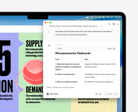 Pantalla de una MacBook Air que muestra las Herramientas de Escritura de Apple Intelligence creando tarjetas didácticas sobre micro y macroeconomía