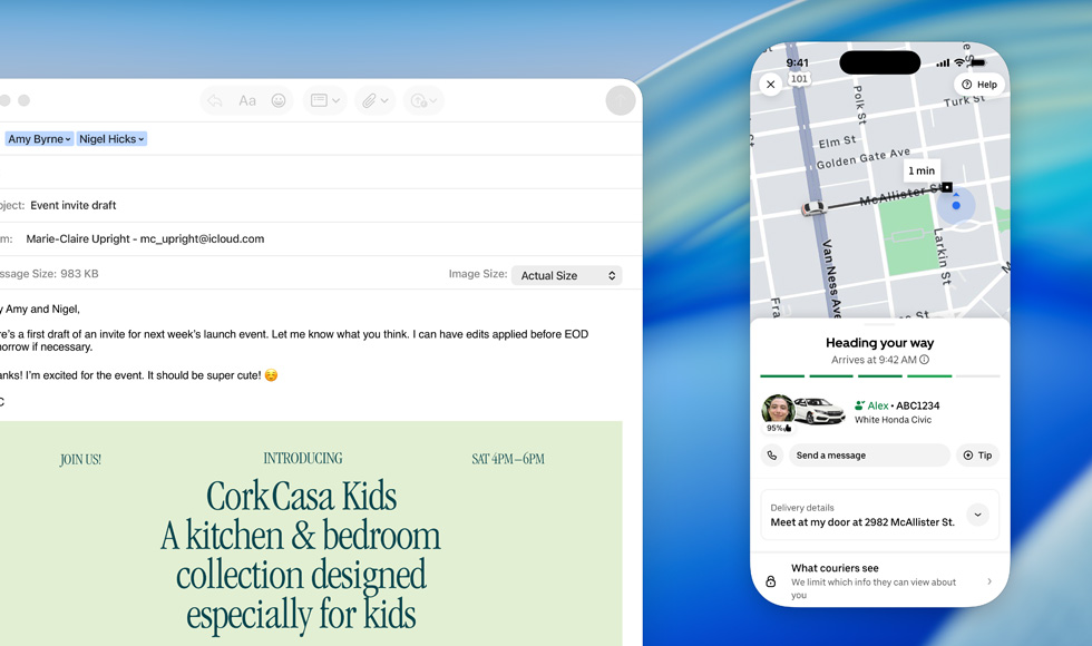 Pantalla de una MacBook, app Mail abierta, la pantalla de un iPhone duplicada en la pantalla de la MacBook muestra que está llegando un pedido de Uber Eats