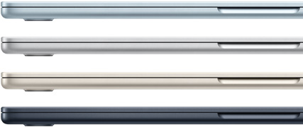 Side exteriors of four MacBook Air laptops, showcasing four different finishes