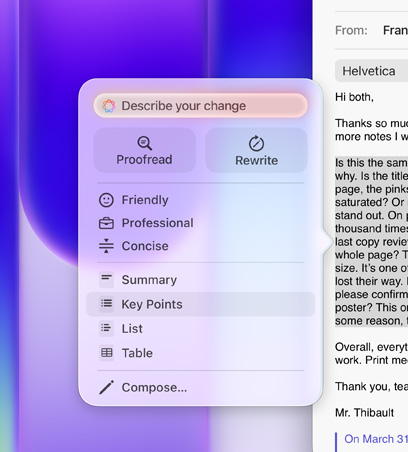 Outils d’écriture en cours d’utilisation, avec mise en surbrillance d’un long paragraphe de texte au sein d’un e-mail, le menu Outils d’écriture montre l’option Points clés sélectionnée, avec l’icône d’une liste à puces