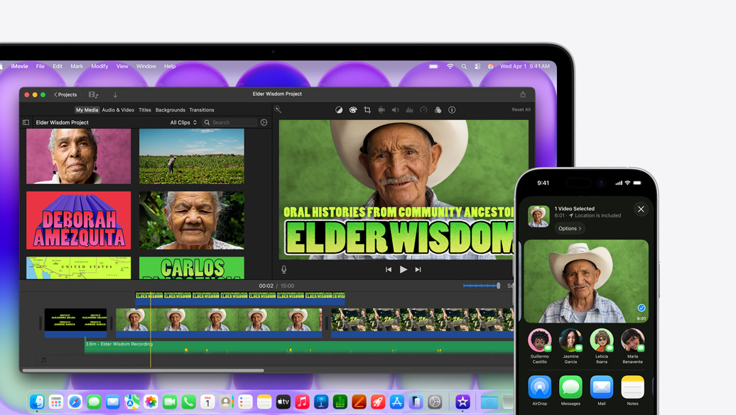 MacBook Neo, silver colour, showing iMovie window titled Elder Wisdom Project, next to iPhone showing video of one of the people pictured in iMovie window, below video is a list of sharing options, including AirDrop