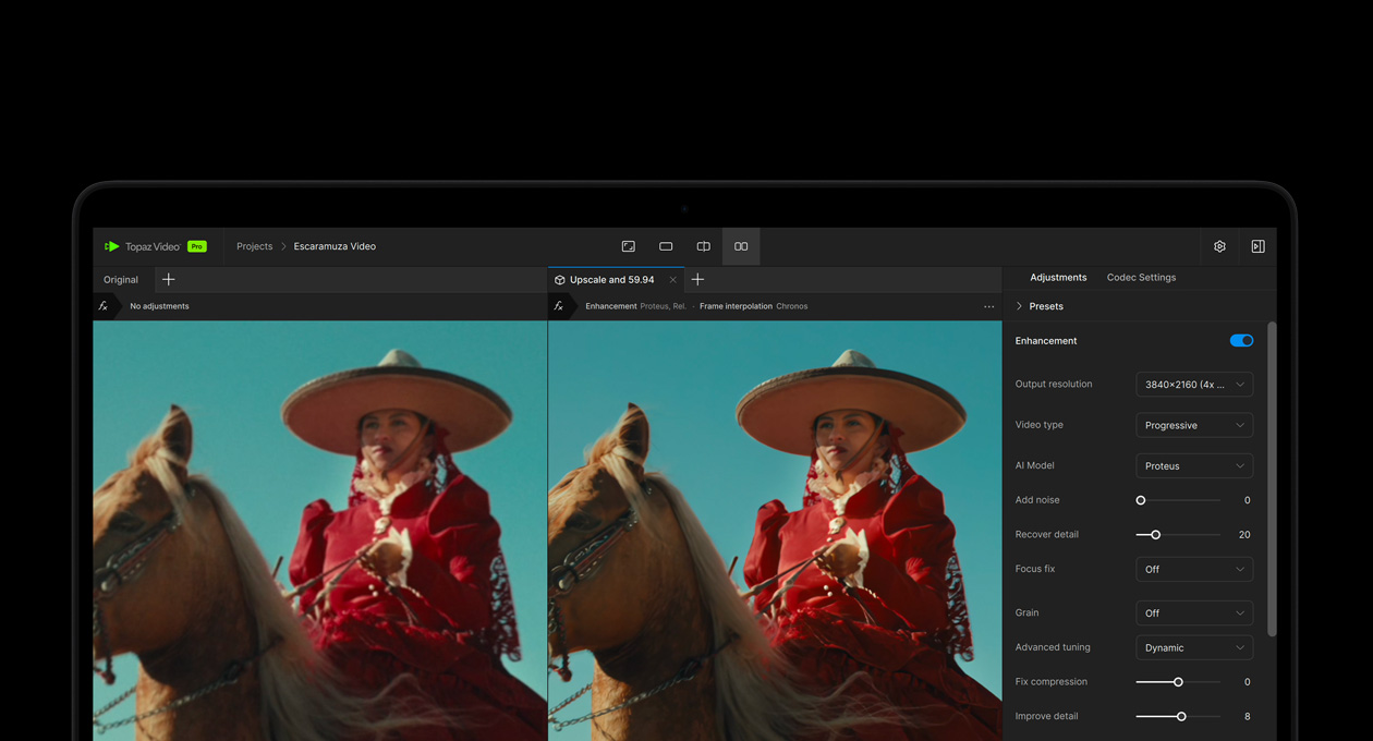 A MacBook Pro screen showing a video getting enhanced with AI in Topaz Video