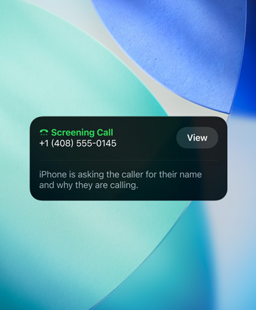 iPhone app widget showcasing screening feature on an incoming call, a mountain range photo set in the background