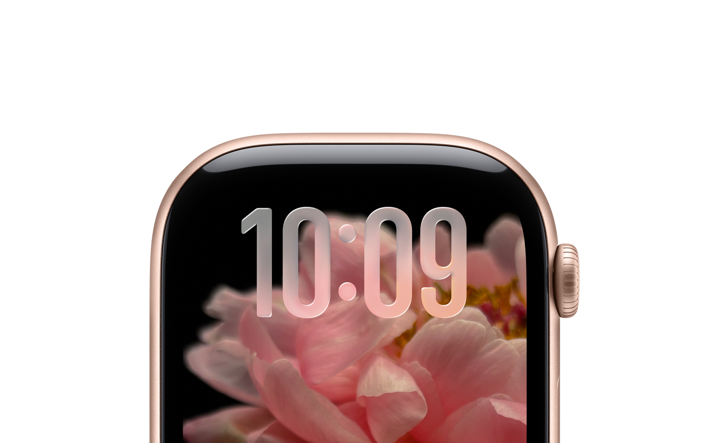 Apple Watch in Rose Gold, no strap, top section of face only, translucent Liquid Glass time numerals at top