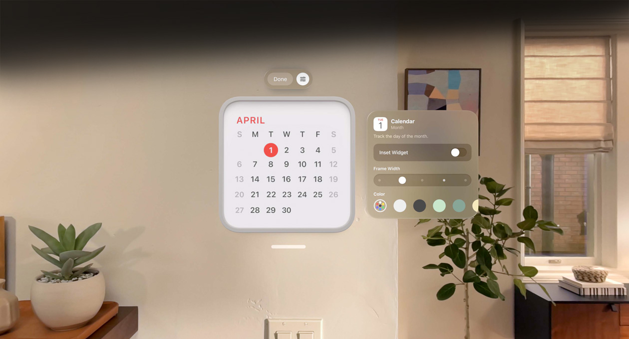 Calendar widget reading: April 1st floats on wall, reminder widget above, personalization options to change frame thickness and color to right