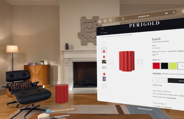 Safari shopping page featuring Kartell Colonna Accent Stool, for sale, floats in room, a 3D version of stool sits on floor in room