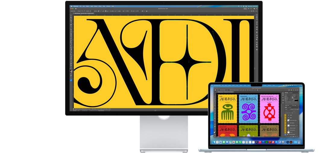 Un monitor Studio Display y un notebook Mac muestran un proyecto en el que se está trabajando en varios programas de Adobe. El monitor Studio Display muestra un primer plano de texto negro sobre un fondo amarillo intenso, y el revestimiento antirreflejo ayuda a reducir el brillo.
