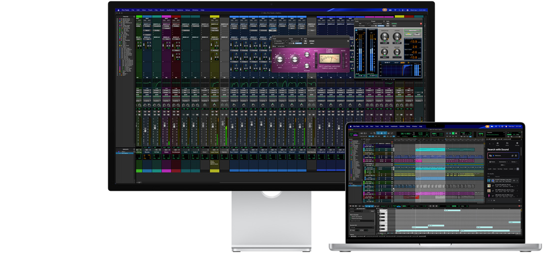 Un monitor Studio Display y un notebook Mac muestran una sesión en Pro Tools con integración de Splice. El vidrio nanotexturizado ayuda a reducir el reflejo en la pantalla oscura del programa