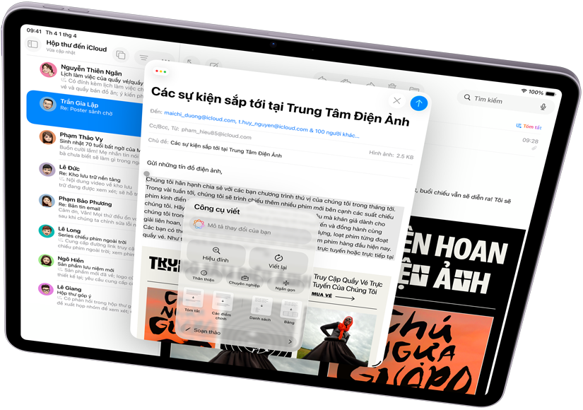 Hình ảnh iPad Air nằm ngang, hiển thị Apple Intelligence cùng với Công Cụ Viết và Mail